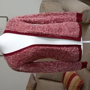 435  acrylic/nylon size 12 cranberry trim w/ light shades open cardigan, NWOT